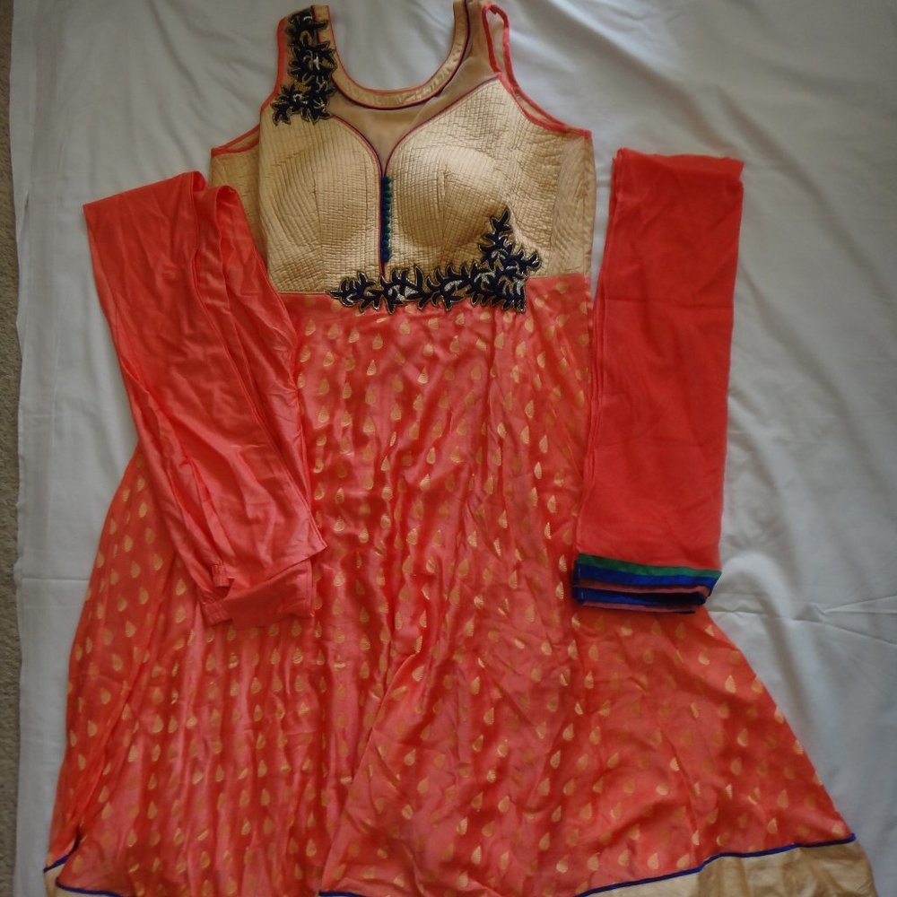 Coral/Gold Silk Desi/Indian/Pakistani Traditional Anarkali Gown Set